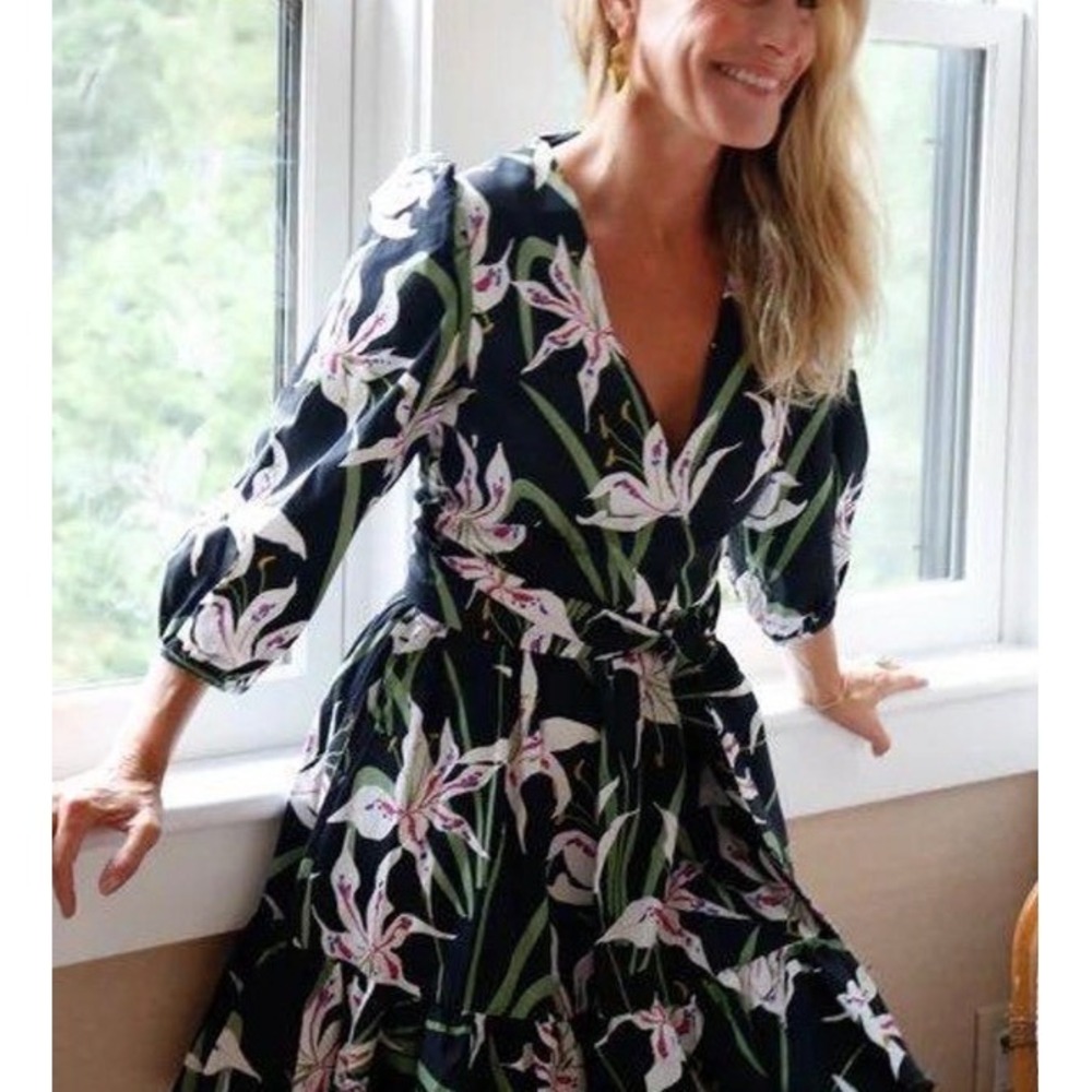 Borgo de Nor Black Floral Lily Cotton V-Neck Ruffle Mini Dress Size 10